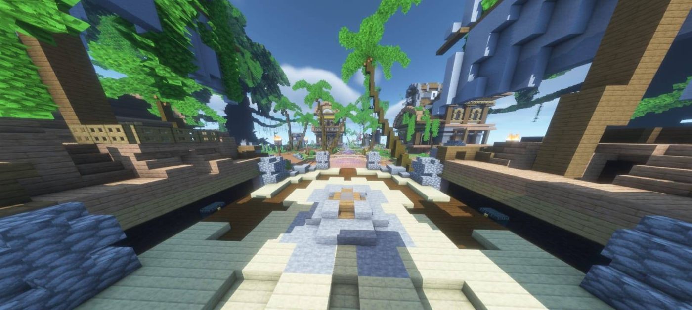 Jalan utama spawn survival dikelilingi bangunan dan pohon palem